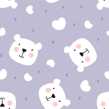 Cute hand drawn polar bear purple background, polka dot elements texture and hearts, baby girl seamless pattern for fabric and textile print, wrapping paper vector design