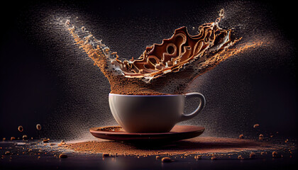 Aromatic Coffee Beans and Coffee Splashing Over in a Cappuccino Cup on Dark Background Generative AI