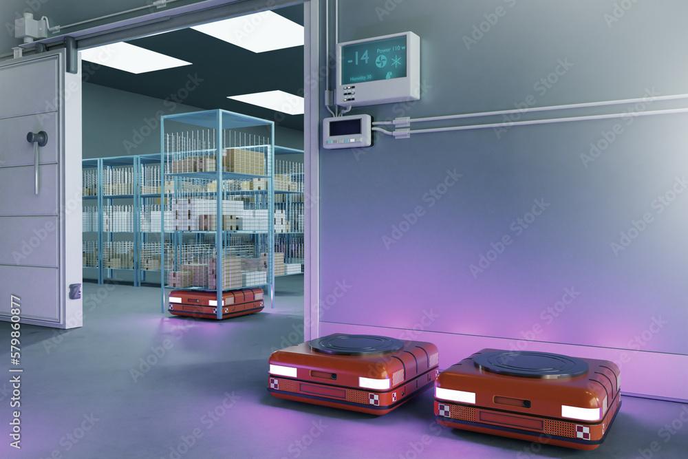 Poster amr technology. warehouse automation concept. amr for storage. refrigeration chamber for food storag