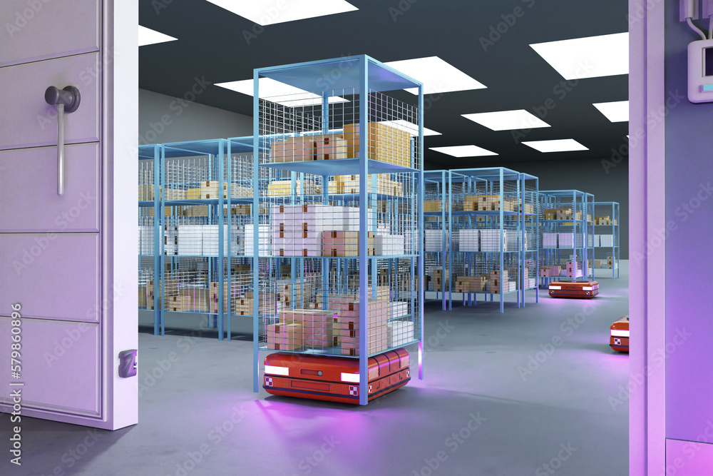 Poster amr technology. warehouse robotics. self-driving carts sort goods in warehouse. amr for storage. 3d 