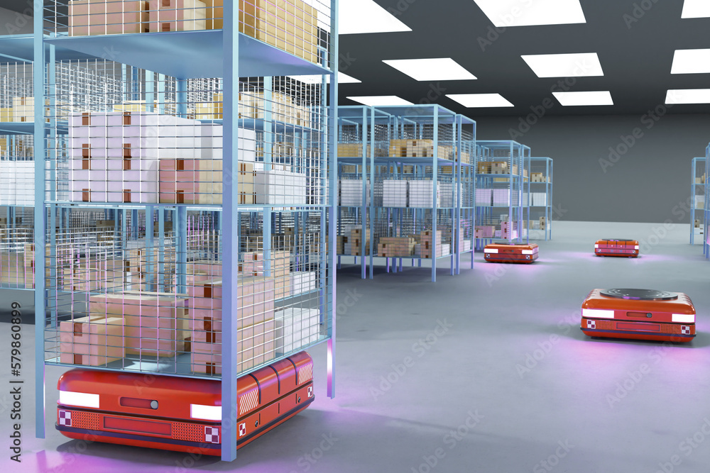 Poster robots efficiently sorting hundreds of parcels. amr technology. self-driving carts sort goods in war