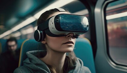 Woman using VR headset while traveling in a metro train. Generative AI