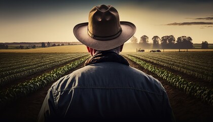 farmer backview in the middle of a field land, ready to harvest. generative ai