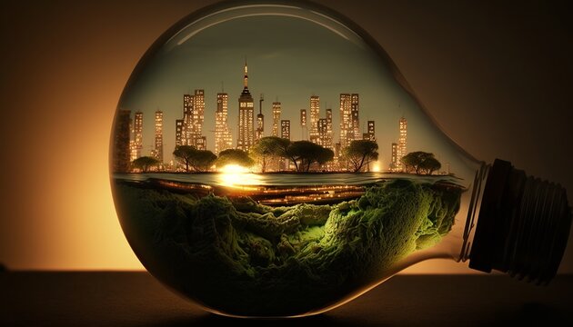 green city and park with many trees growing inside a bulb. concept of a city with clean and renewable energy combined with nature and environmental awareness. generative ai
