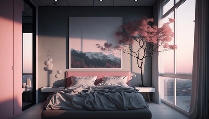 modern room with light pink tones for single girls or couples, with a large double bed and light tones, large French windows overlooking nature. modern architecture concept. generative ai