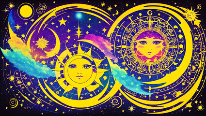 cute cartoon of two sun faces on psychedelic background with colorful clouds and esoteric symbols zodiac signs Generative AI