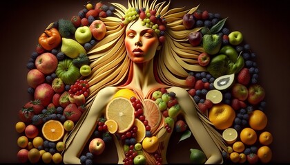 Fototapeta na wymiar Woman's body made of healthy fruits. female health concept. generative ai content