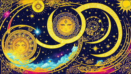 background with many details and many stars and symbols two faces psychedelic magic for celestial alchemy astrology Generative AI