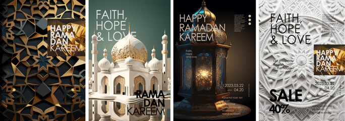Fototapeta na wymiar Happy Ramadan Kareem. 3d mockup of mosque, lantern, geometric arabic pattern for background, sale poster, or greeting card. Generative AI