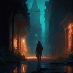 Obraz premium Echoes of the Past: Walking Through Haunted Streets. Generative AI 