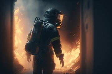 Firefighter searching for possible survives. Generative AI