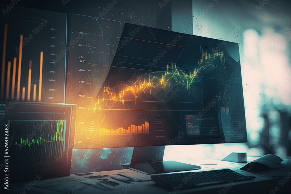 Aufkleber computer monitor with analytical data visualization. ai generated, human enhanced