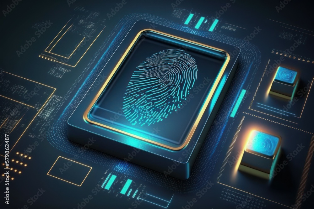 Poster digital biometri, security identify by fingerprint concept. scanning system fingerprint. ai generate
