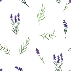 Fototapeta na wymiar Provence lavender flowers and leaves seamless pattern. Hand drawn summer watercolor