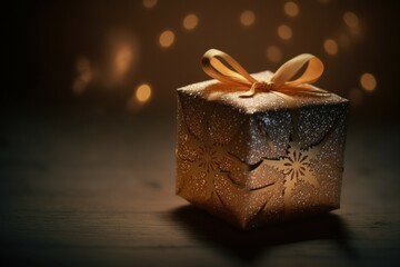 Small presents on christmas lights bokeh background, selective focus. AI generated