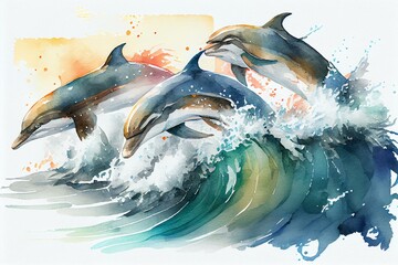 A pod of dolphins playing in the waves, watercolor style. Generative AI