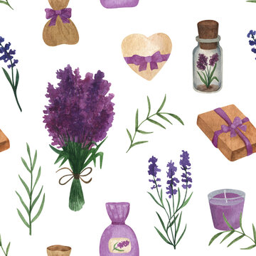 Provence seamless pattern with lavender flowers and gift box, bottle, bag. Hand drawn watercolor