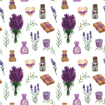 Provence seamless pattern with lavender flowers and gift box, bottle, bag. Hand drawn watercolor