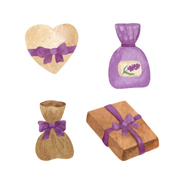 Provence lavender gift box and bag. Hand drawn watercolor clipart