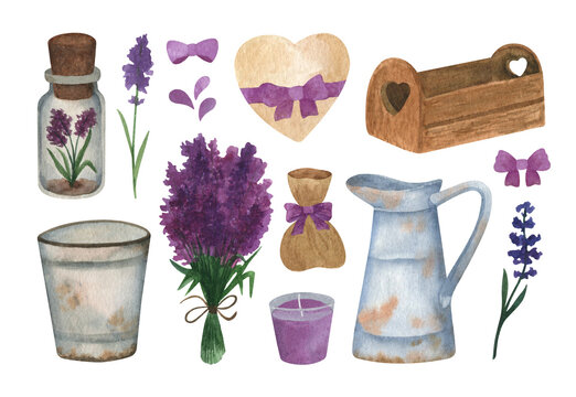 Vintage lavender watercolor clipart with Provence bouquet, wood box, bag, bows, bucket, jug