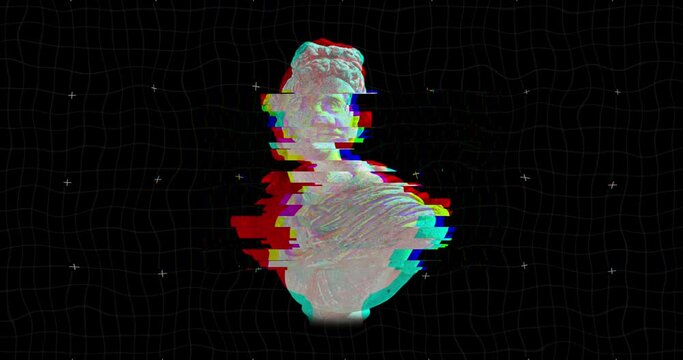 Animation of ancient bust sculpture turning with glitch on black background