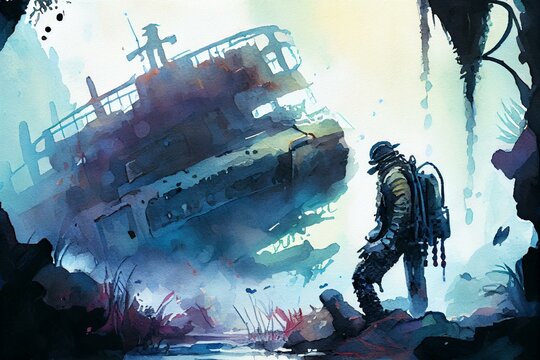 A diver exploring a shipwreck, watercolor style. Generative AI