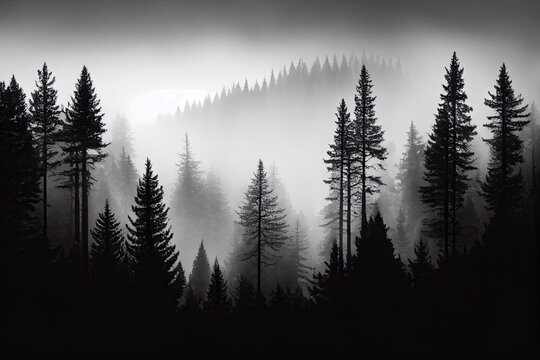 Black and white misty landscape with trees created with AI	