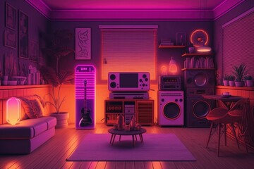 Interior in pink orange purple tones and neon lighting. AI generated