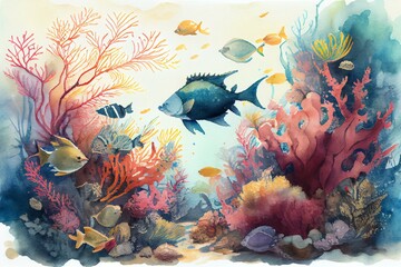 Obraz na płótnie Canvas A coral garden teeming with life, watercolor style. Generative AI