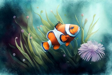 Fototapeta na wymiar A clownfish darting in and out of an anemone, watercolor style. Generative AI