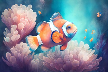 Obraz na płótnie Canvas A clownfish darting in and out of an anemone, watercolor style. Generative AI