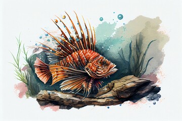 A lionfish perched on a rock, watercolor style. Generative AI