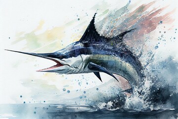 A swordfish speeding through the water, watercolor style. Generative AI - obrazy, fototapety, plakaty