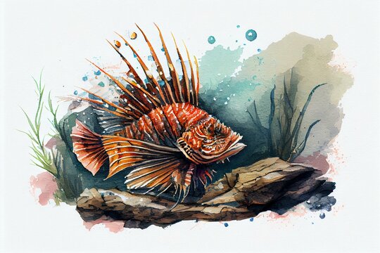 watercolor orange lionfish underwater scene clip art preview