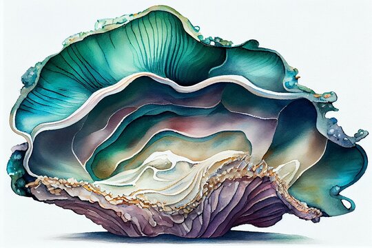 A giant clam with its pearly shell open, watercolor style. Generative AI