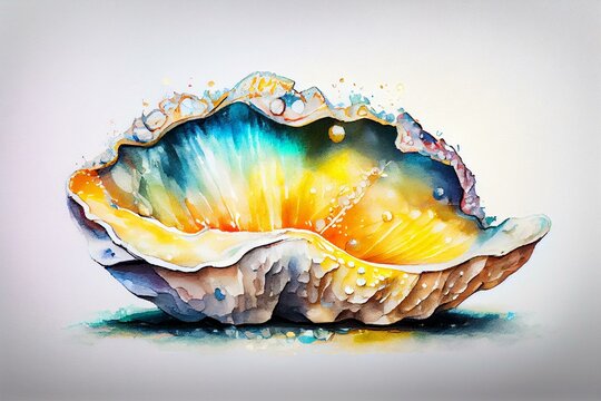 A giant clam with its pearly shell open, watercolor style. Generative AI