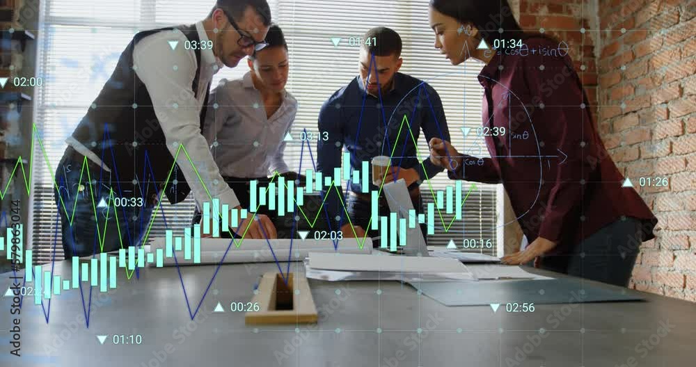 Poster animation of data processing over diverse colleagues discussing over a plan together at office
