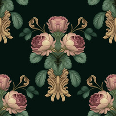 Elegant vintage floral seamless pattern. Botanical background with flowers, roses, peonies, leaves, repeat vignette elements. Old fashioned wallpapers. Illustration created with generative AI tools