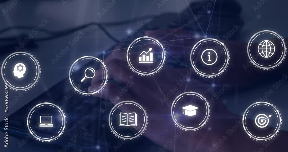Poster animation of digital icons and network of connections over mid section of person typing on keyboard