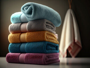 Obraz na płótnie Canvas Colorful stack of fresh towels in a relaxing spa or bathroom setting, luxury hygiene concept, generative AI