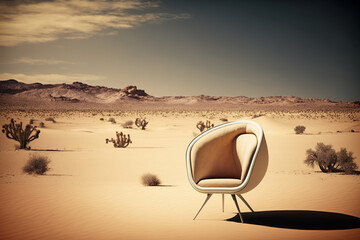 A modern chair standing alone in the hot desert. The concept of modern furniture for all conditions. Generative ai
