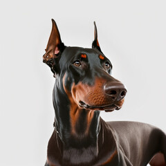 Adorable doberman dog portrait isolated on white background as concept of domestic pet in ravishing hyper realistic by Generative AI.
