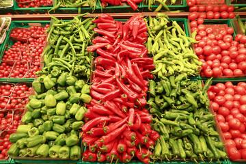 green and red capsicum displaying at shop 