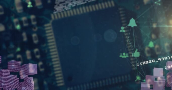 Animation of globe of digital icons and data processing against close up of a circuit board
