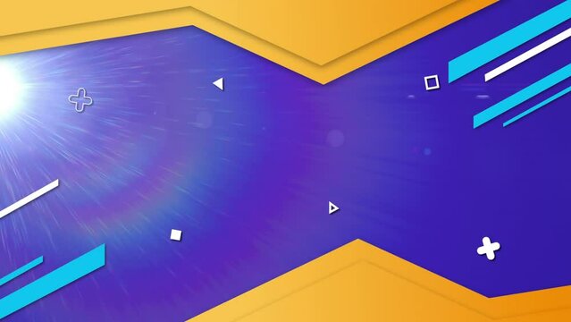 Animation of lines, geometric shapes, lens flares and abstract pattern against blue background