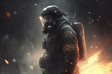 Fototapeta premium Firefighter searching for possible survives. Generative AI