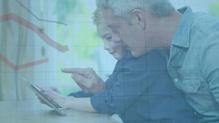 Animation of falling graphs over caucasian father teaching son to use smartphone - Powered by Adobe