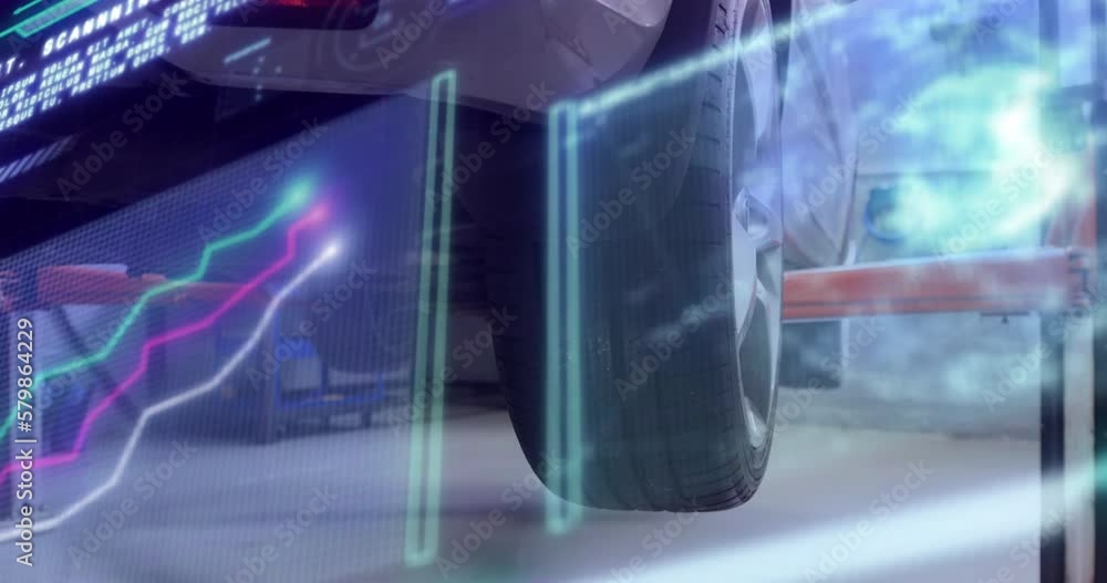 Poster animation of globe and computer language over lift picking up car in garage