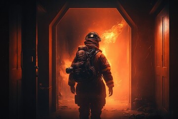 Firefighter searching for possible survives. Generative AI