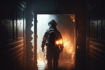 Firefighter searching for possible survives. Generative AI